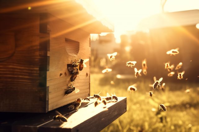 Essaim d'abeille dans le rucher