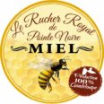Logo du Rucher Royal avec abeilles sur fond d'alvéoles de miel